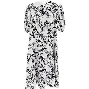 ZARA Floral Print Cut Out Midi Dress White Black Puff Sleeve Open Back XL